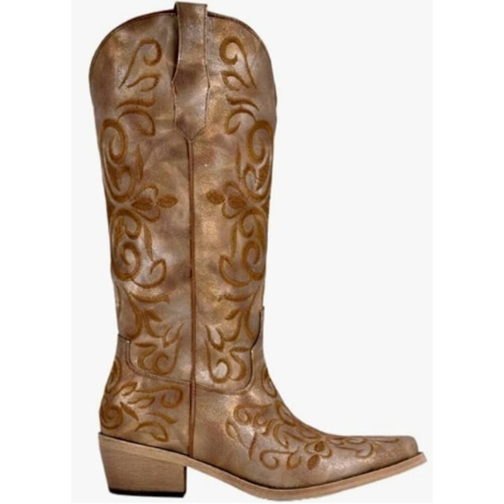 Women's Floral Embroidered Cowboy Western Mid Calf Booties Brown Size 8 NIB - Picture 3 of 3